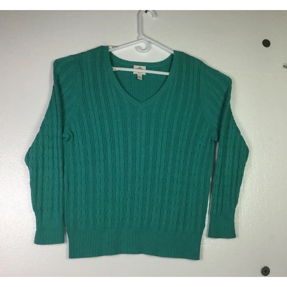 St Johns‎ Bay Sweater Womens 1X Green V Neck Cable Knit long sleeves Fisherman